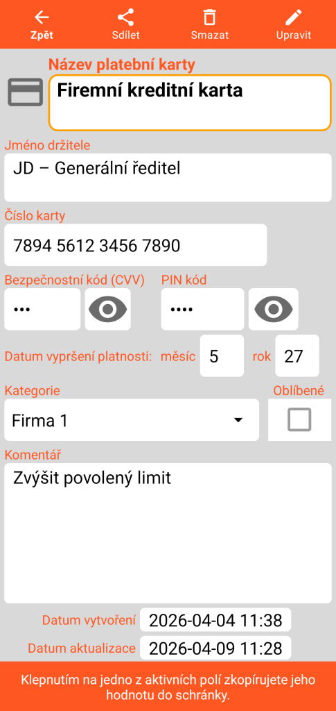 LocalSafeBox - Prohlížení bankovní karty