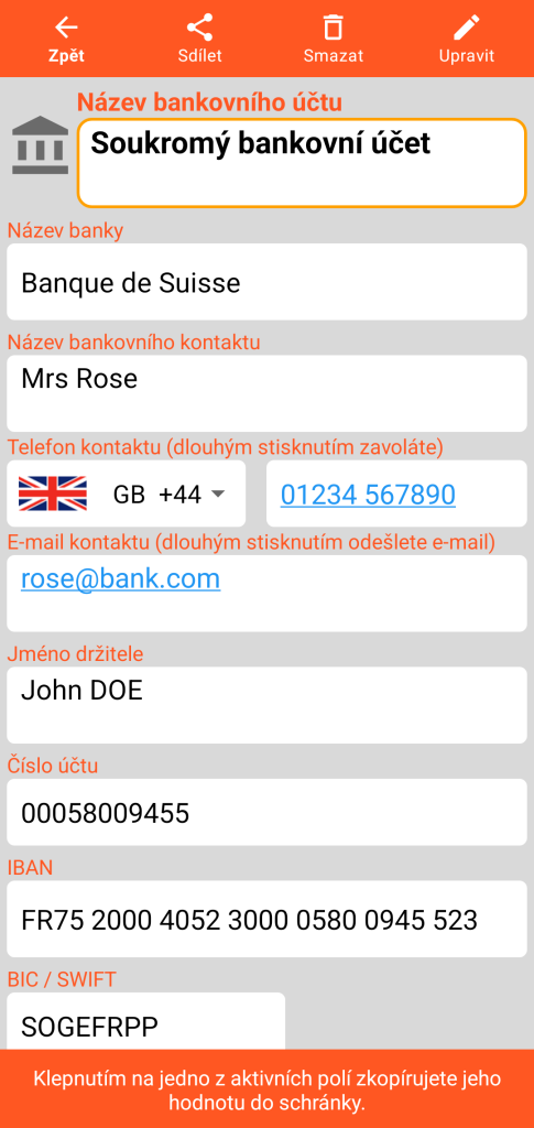 LocalSafeBox - Prohlížení bankovního účtu