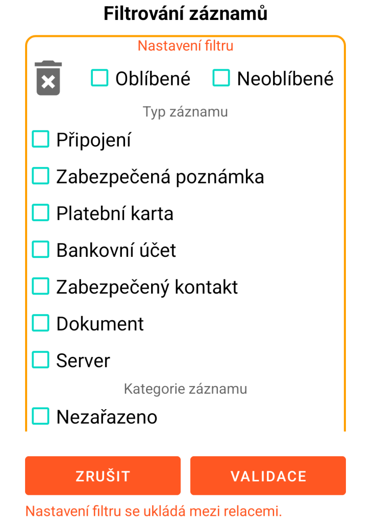 LocalSafeBox - Filtrování záznamů