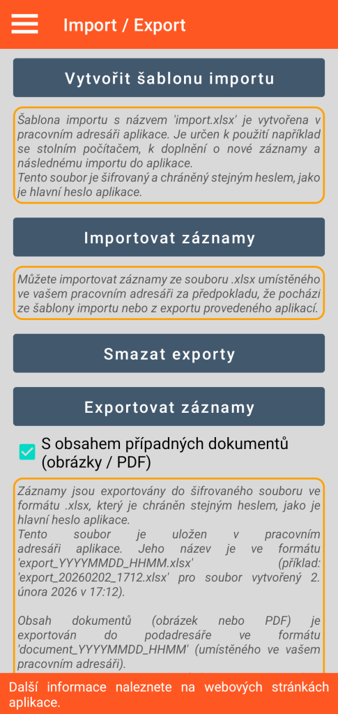 LocalSafeBox - Správa importu / exportu ve formátu XLSX