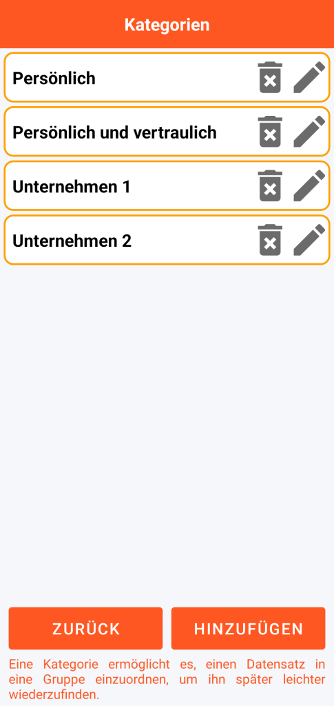 LocalSafeBox - Verwaltung der Kategorien