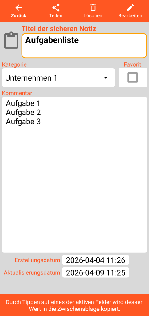 LocalSafeBox - Ansicht einer gesicherten Notiz