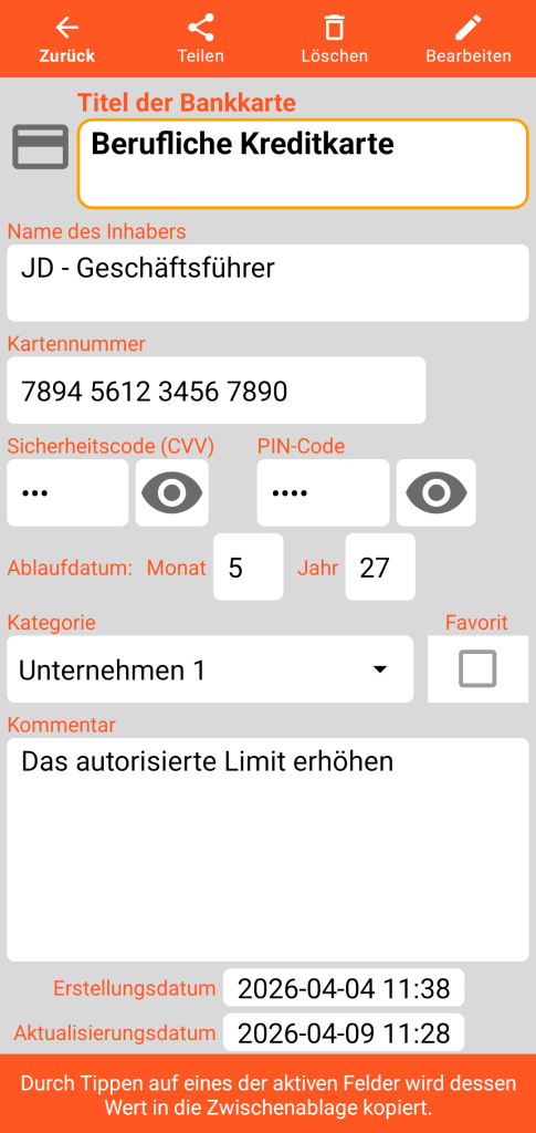 LocalSafeBox - Ansicht einer Bankkarte