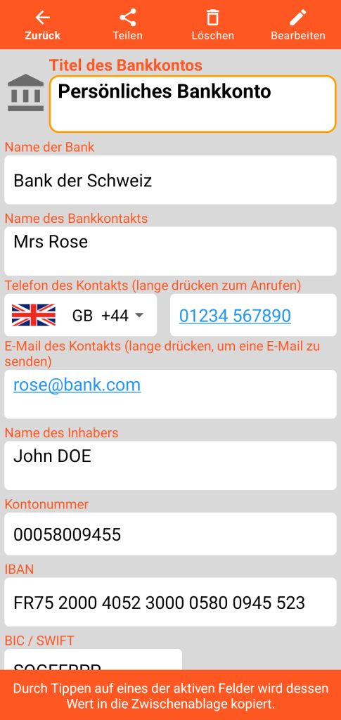 LocalSafeBox - Ansicht eines Bankkontos