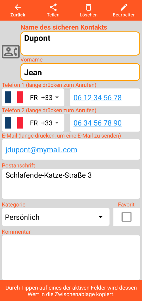 LocalSafeBox - Ansicht eines gesicherten Kontakts
