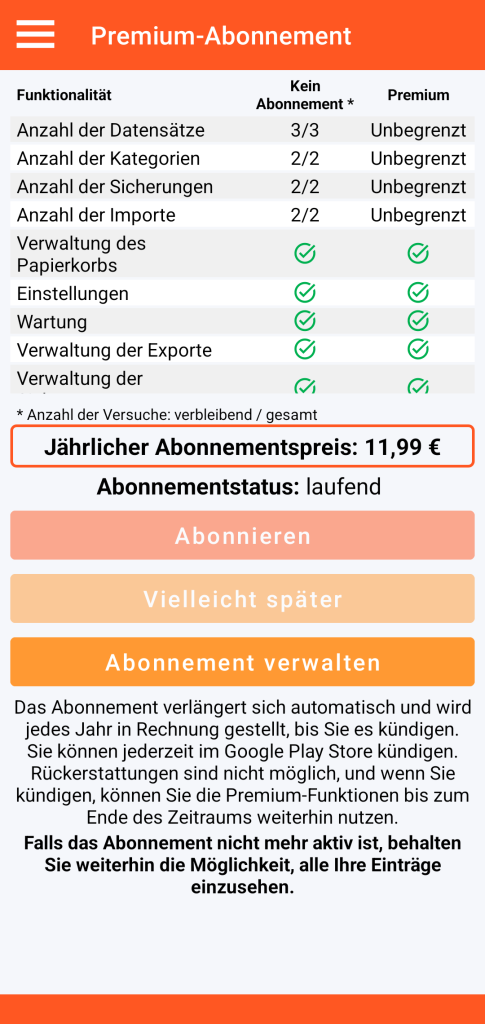 LocalSafeBox - Verwaltung des Premium-Abonnements