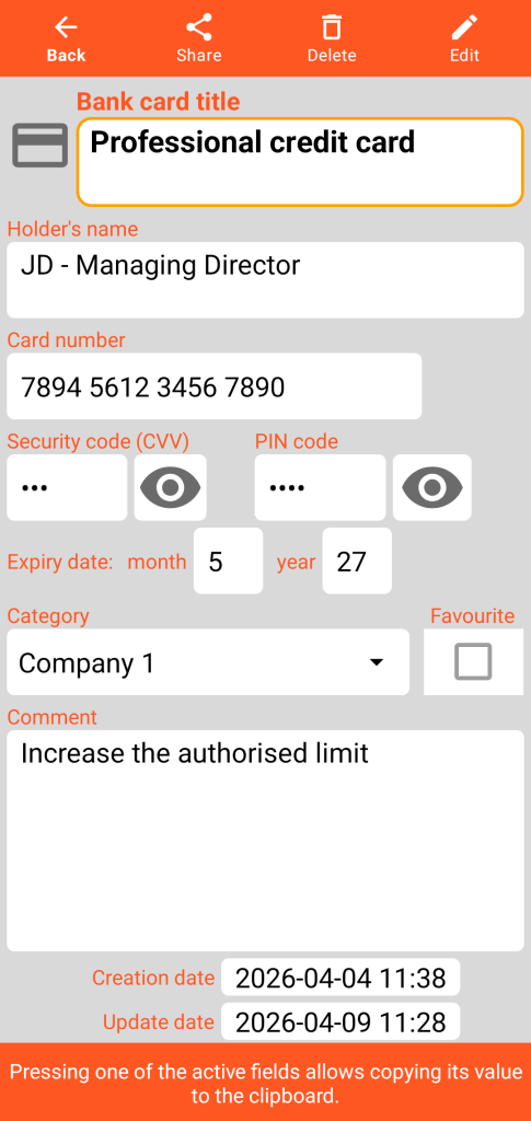 LocalSafeBox - Consultation of a Bank card