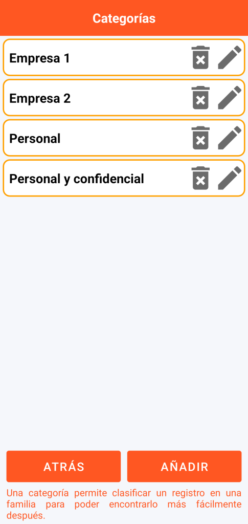 LocalSafeBox - Gestión de las categorías