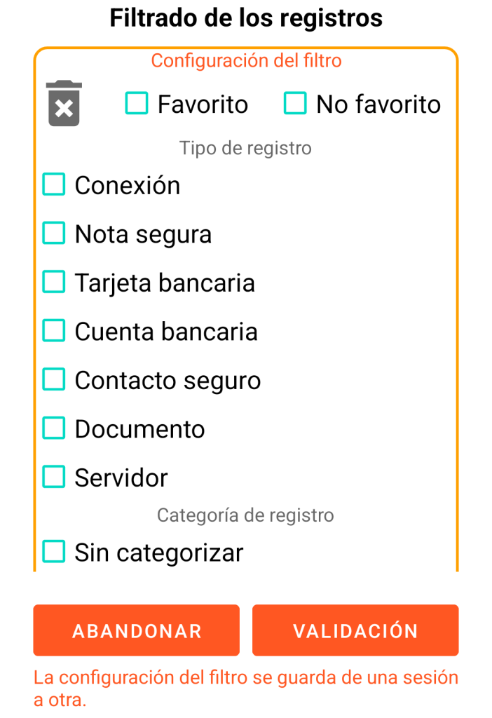 LocalSafeBox - Filtrado de los registros