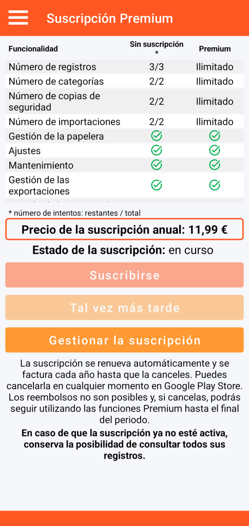 LocalSafeBox - Gestión de la suscripción Premium