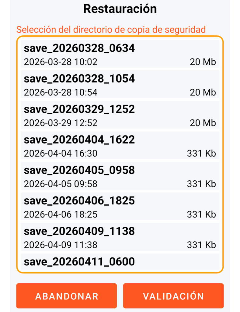 LocalSafeBox - Selección de la copia de seguridad a restaurar