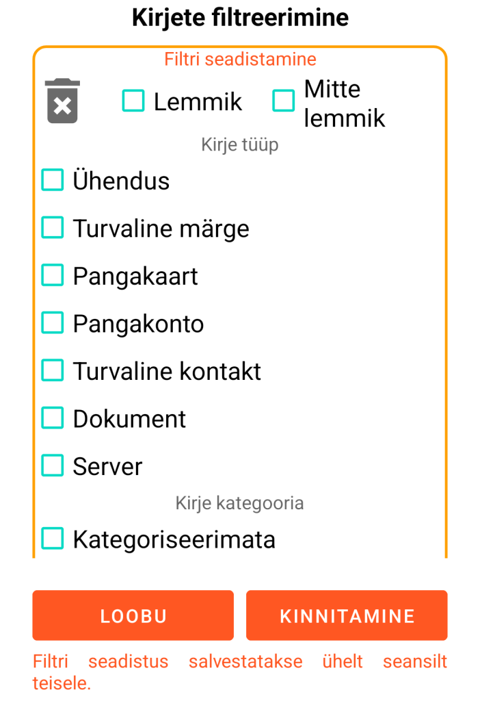 LocalSafeBox - Kirjete filtreerimine