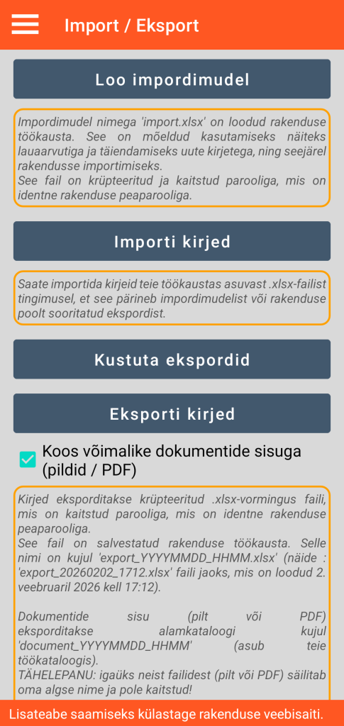 LocalSafeBox - Impordi / ekspordi haldamine XLSX-vormingus
