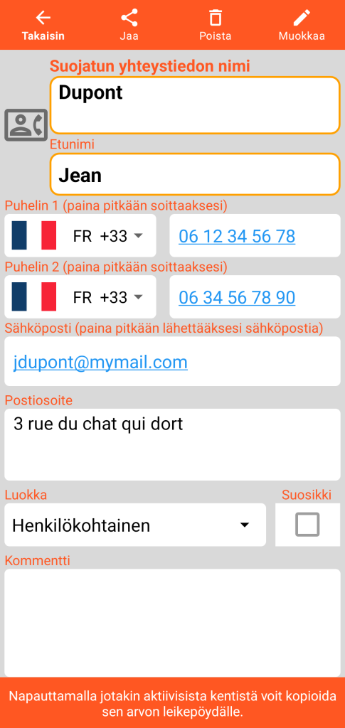 LocalSafeBox - Suojatun yhteystiedon tarkastelu