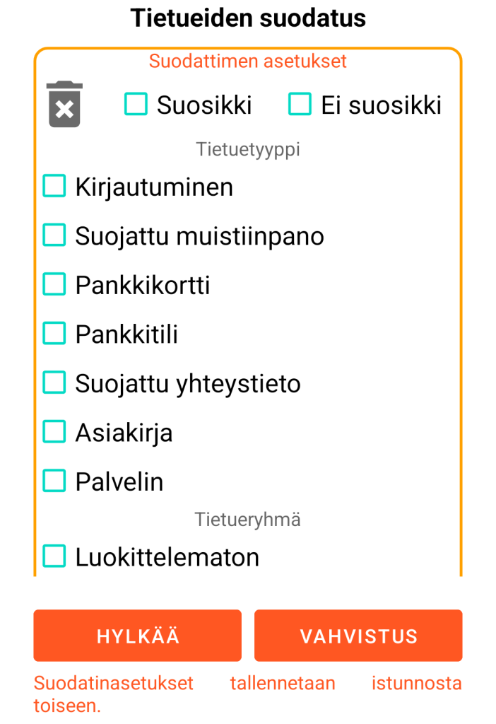 LocalSafeBox - Tietueiden suodatus