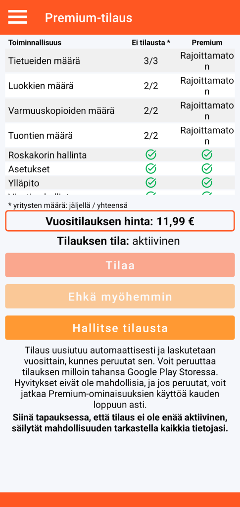 LocalSafeBox - Premium-tilauksen hallinta