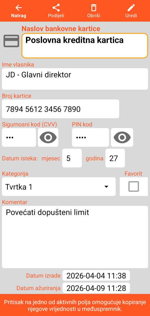LocalSafeBox - Pregled jedne bankovne kartice