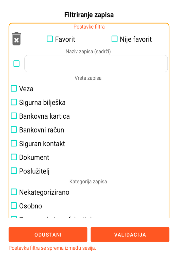 LocalSafeBox - Filtriranje zapisa