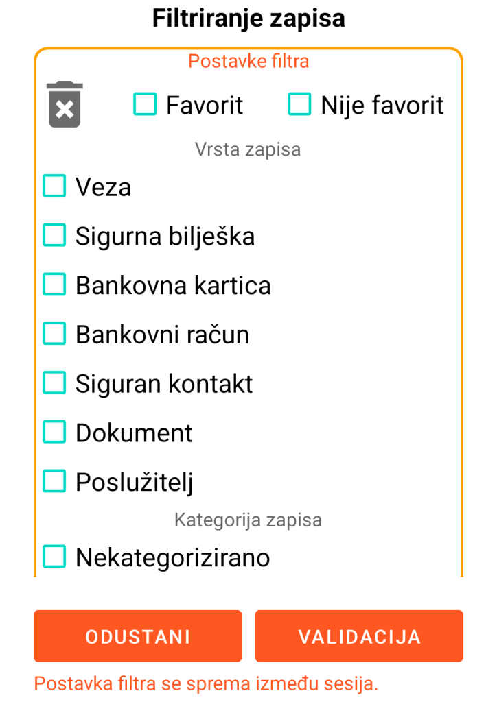 LocalSafeBox - Filtriranje zapisa