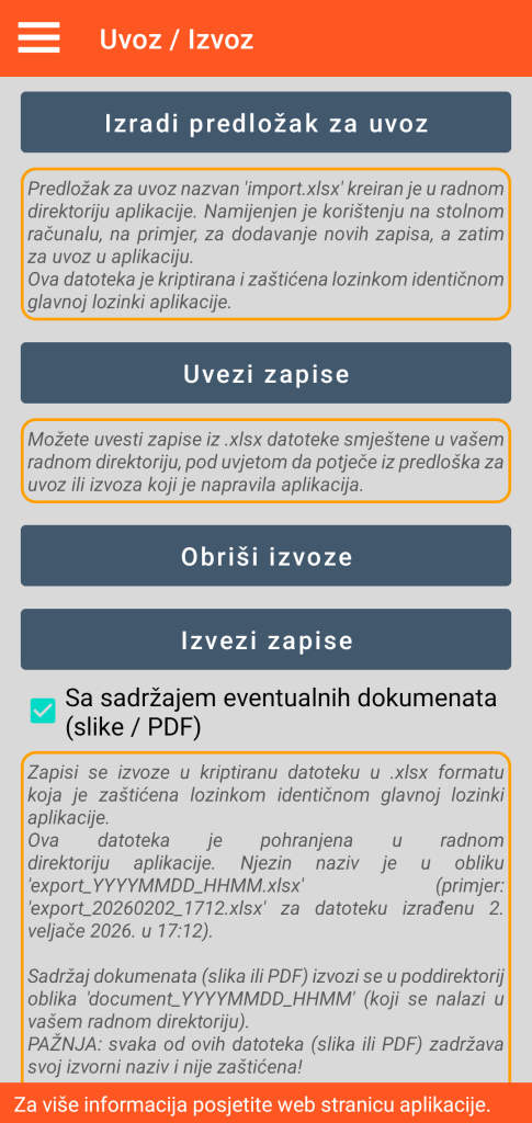 LocalSafeBox - Upravljanje uvozom / izvozom u XLSX formatu