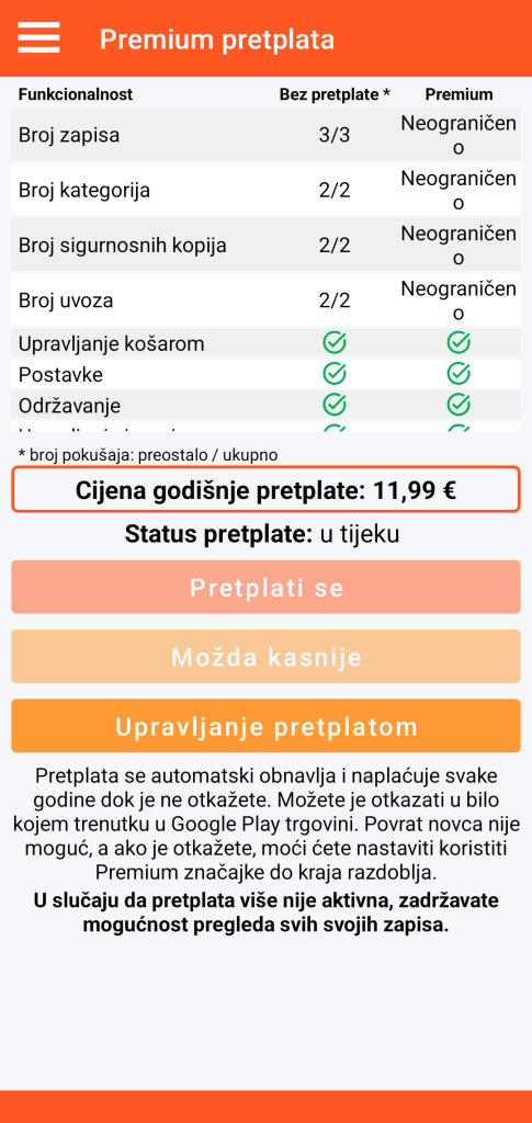 LocalSafeBox - Upravljanje Premium pretplatom