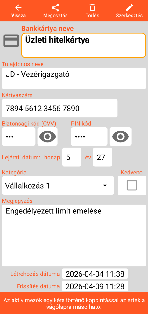 LocalSafeBox - Egy Bankkártya megtekintése