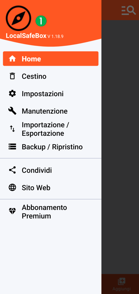 LocalSafeBox - Menu principale