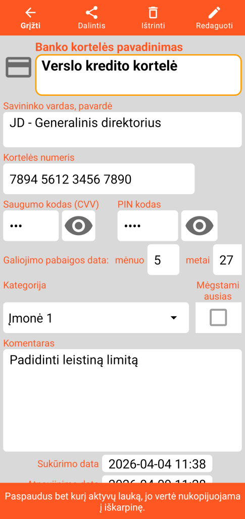 LocalSafeBox - Banko kortelės peržiūra