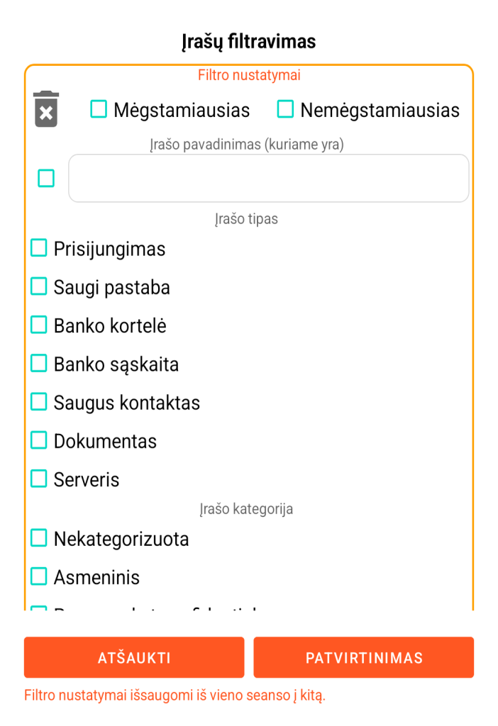 LocalSafeBox - Įrašų filtravimas