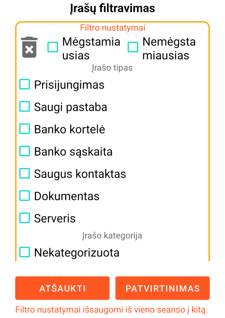 LocalSafeBox - Įrašų filtravimas
