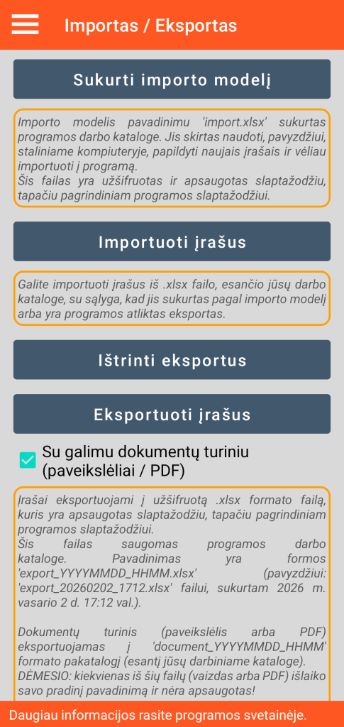 LocalSafeBox - Importo / eksporto XLSX formatu valdymas