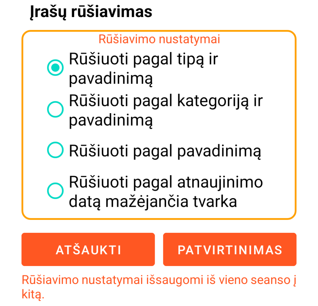 LocalSafeBox - Įrašų rūšiavimas
