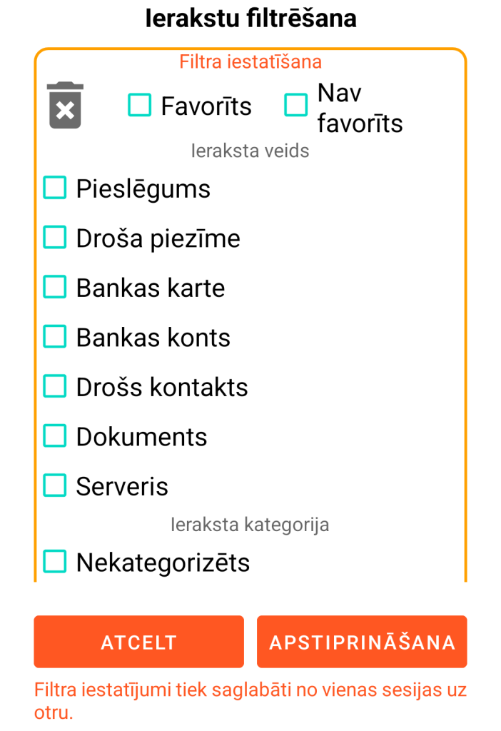 LocalSafeBox - Ierakstu filtrēšana
