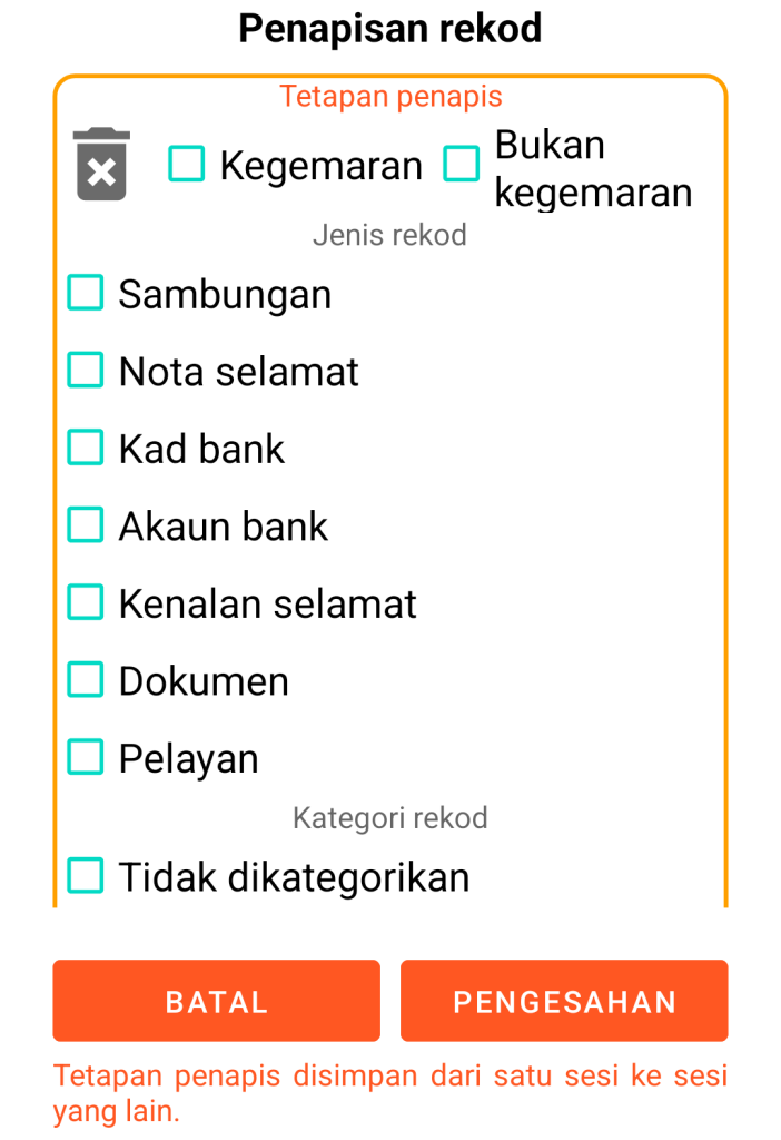 LocalSafeBox - Penapisan rekod