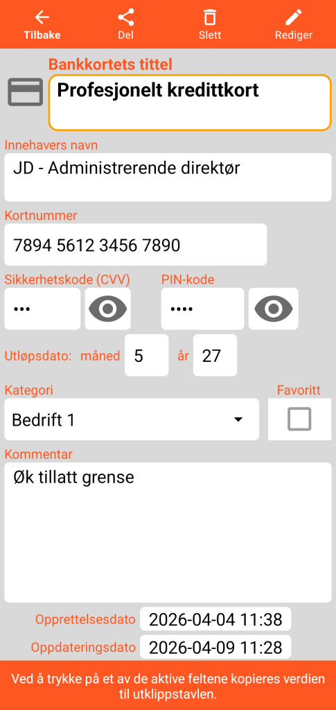 LocalSafeBox - Visning av et Bankkort