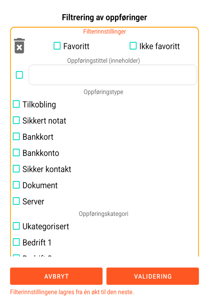 LocalSafeBox - Filtrering av oppføringer