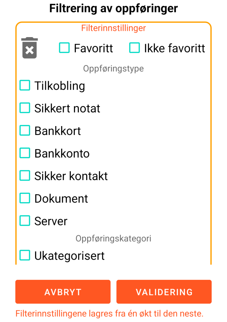 LocalSafeBox - Filtrering av oppføringer