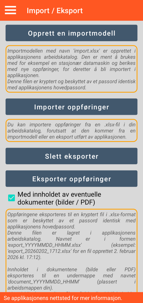 LocalSafeBox - Administrasjon av import / eksport i XLSX-format
