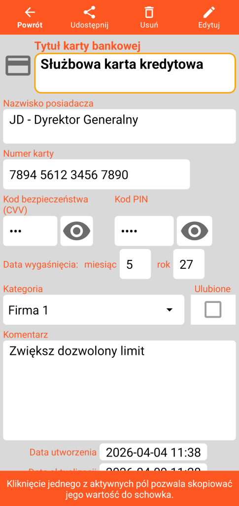 LocalSafeBox - Przeglądanie karty bankowej