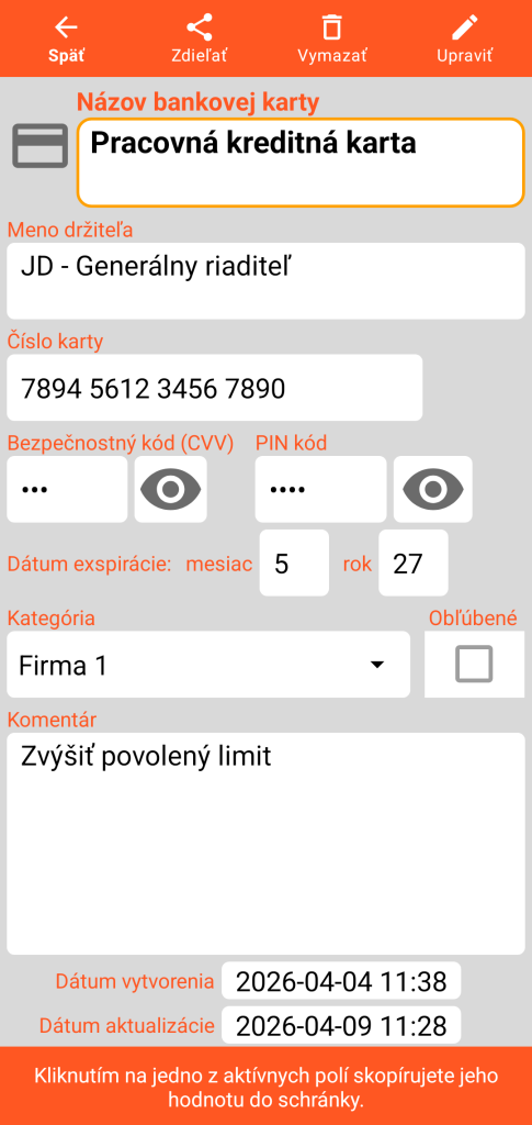 LocalSafeBox - Prehliadanie bankovej karty