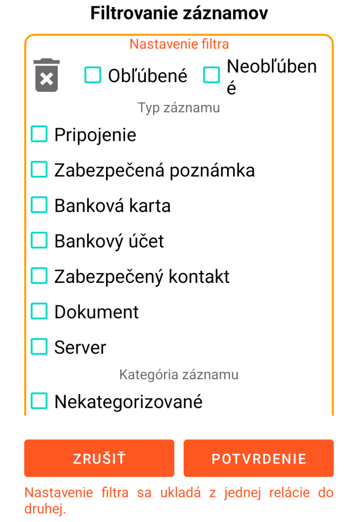 LocalSafeBox - Filtrovanie záznamov