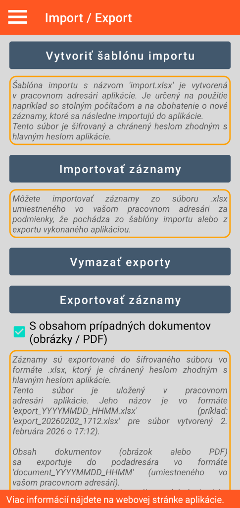 LocalSafeBox - Správa importu / exportu vo formáte XLSX