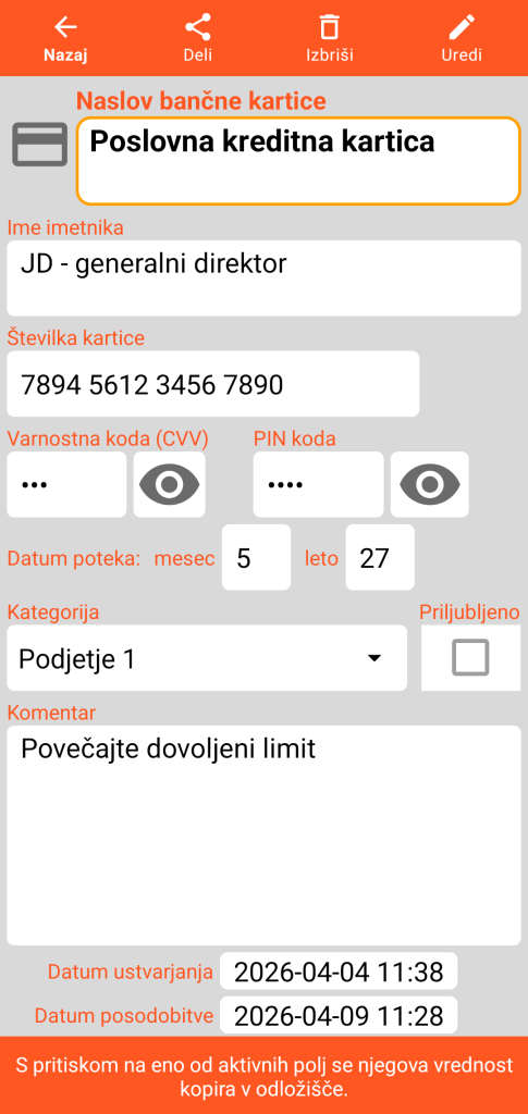 LocalSafeBox - Pregled bančne kartice