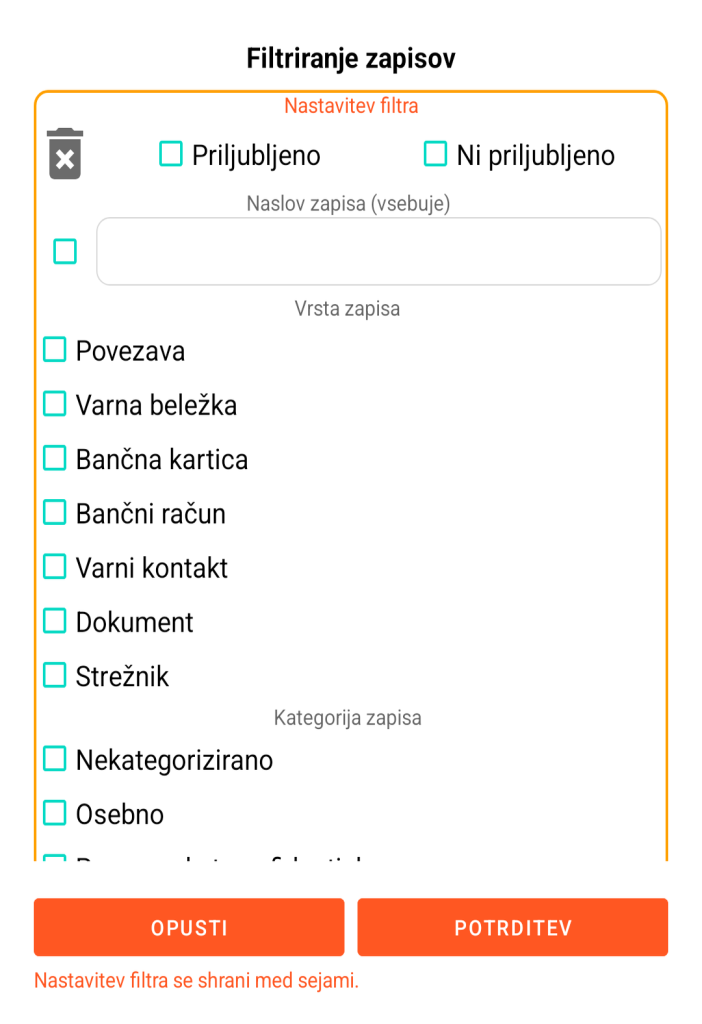 LocalSafeBox - Filtriranje zapisov