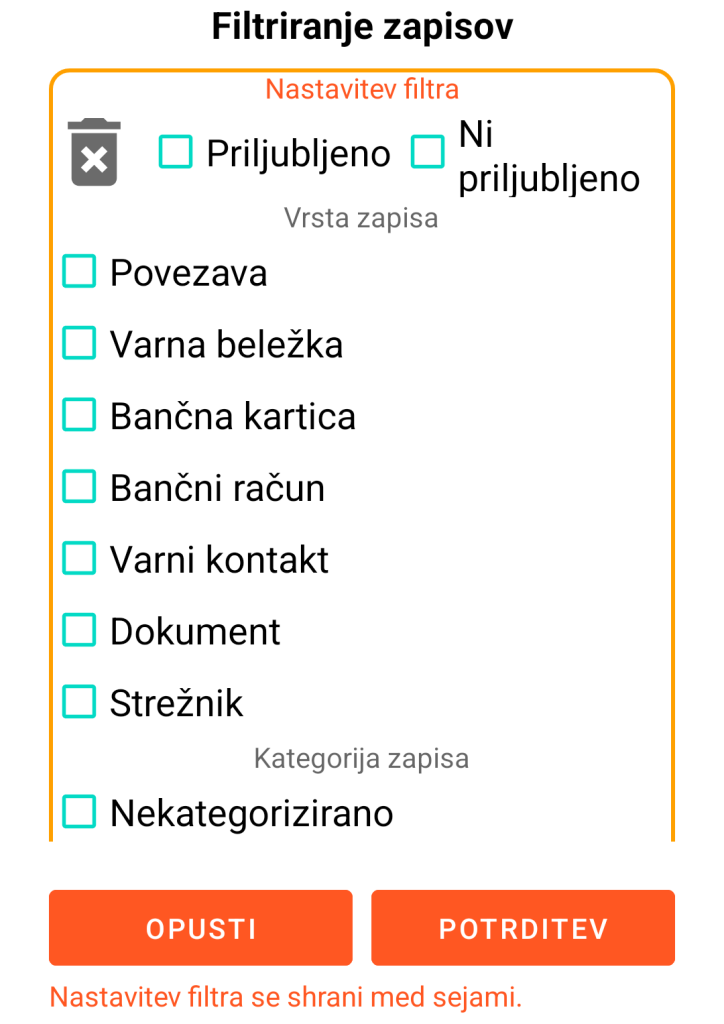 LocalSafeBox - Filtriranje zapisov