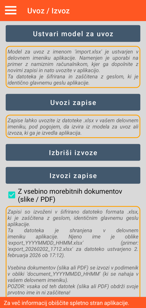 LocalSafeBox - Upravljanje uvoza / izvoza v formatu XLSX
