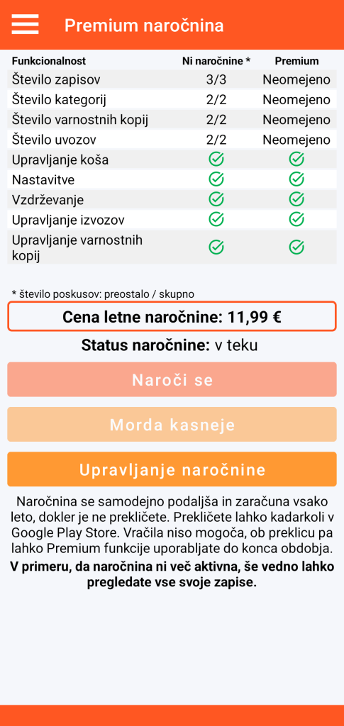 LocalSafeBox - Upravljanje naročnine Premium