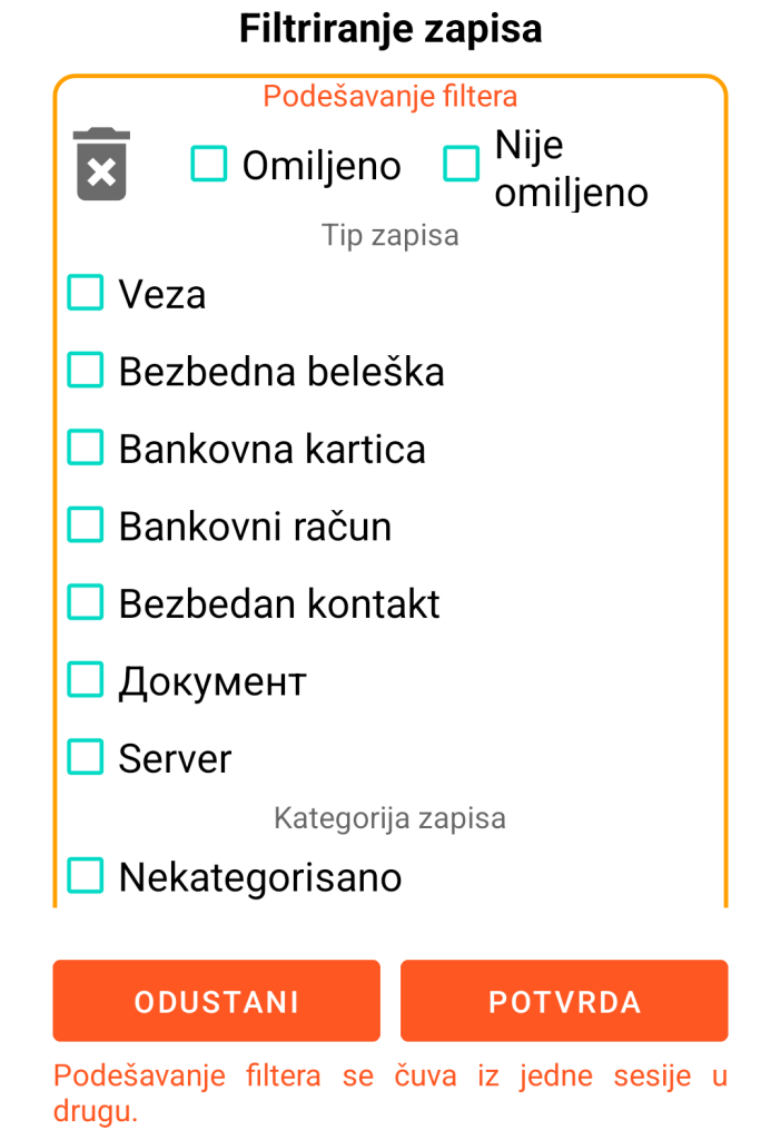 LocalSafeBox - Filtriranje zapisa