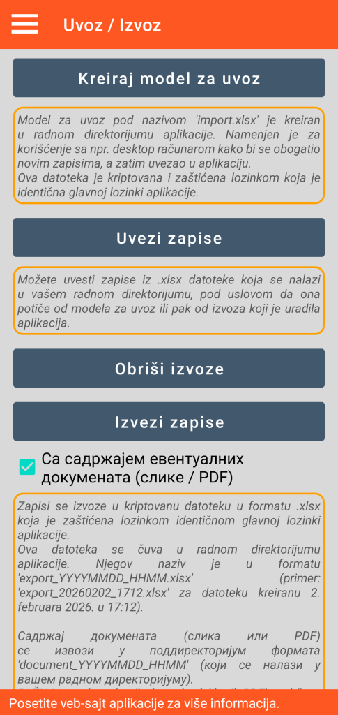 LocalSafeBox - Upravljanje uvozom / izvozom u XLSX formatu