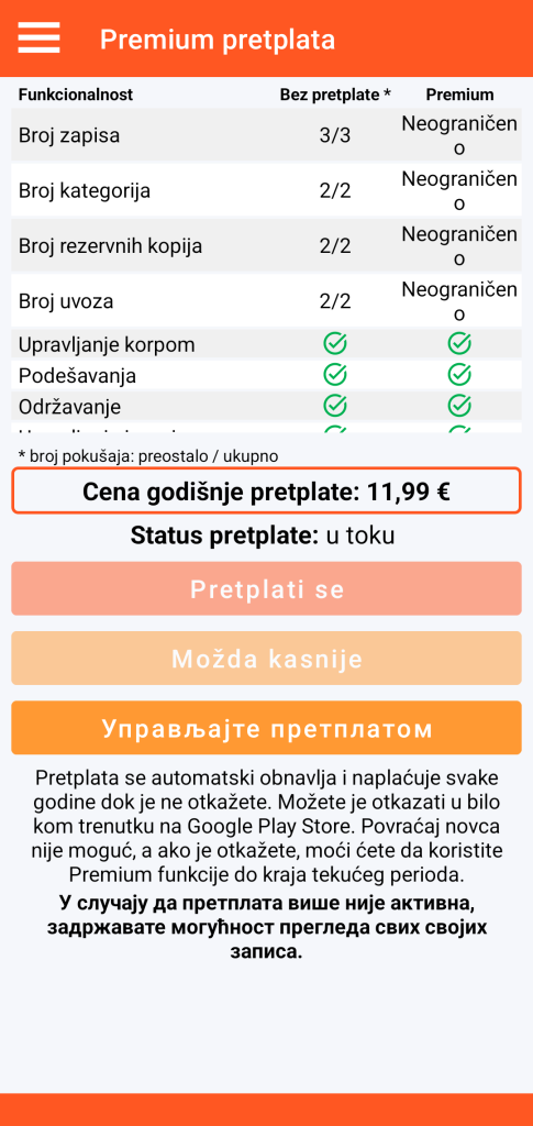 LocalSafeBox - Upravljanje Premium pretplatom